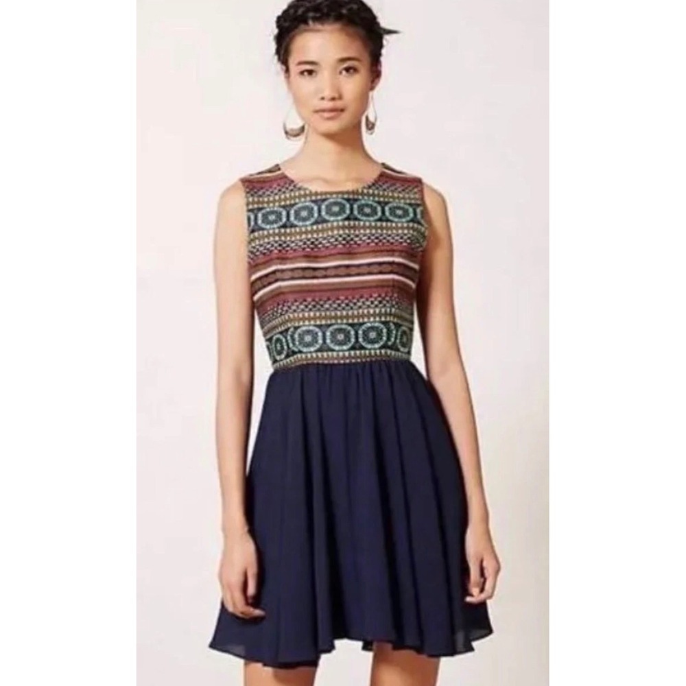 Nomad Morgan Carper Dress Womens 4 Navy Boho Tribal Geometric Mini Made USA